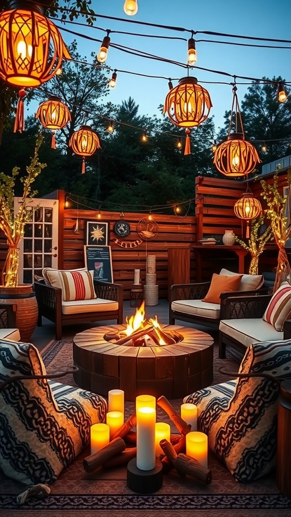 Cozy themed fire pit area with seating, lanterns, and candles.