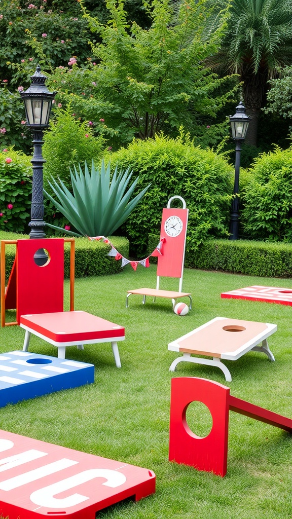 Outdoor lawn games themed for Fourth of July celebration