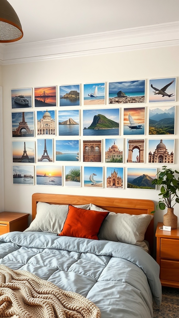 A themed picture wall in a bedroom featuring various travel photos.