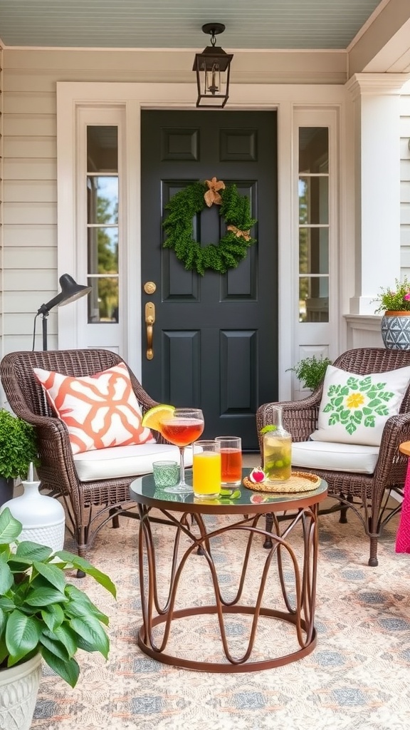 A front porch with a stylish accent table, drinks, and comfortable seating.