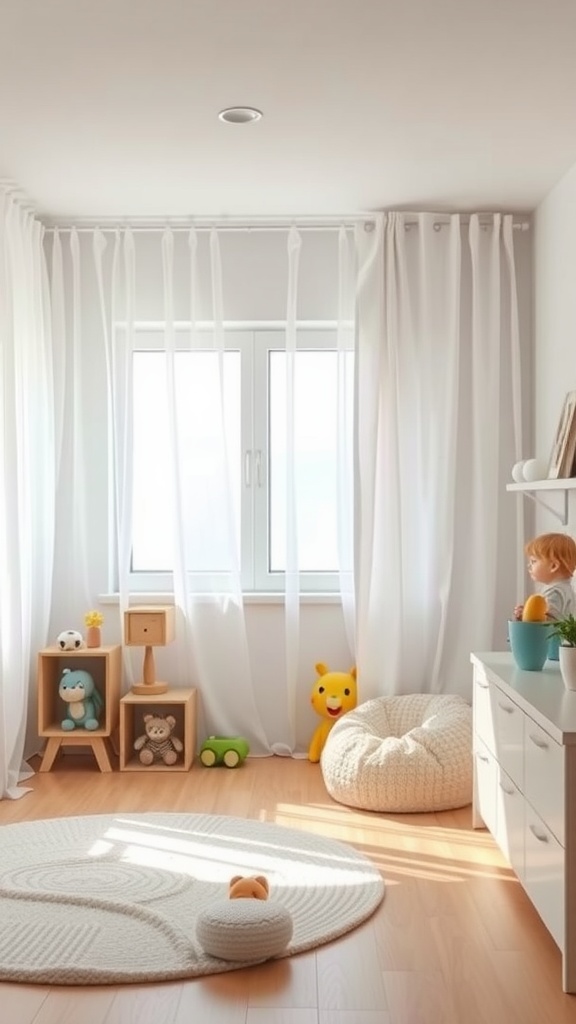 A minimal kids bedroom featuring light curtains, playful storage, and a cozy atmosphere.