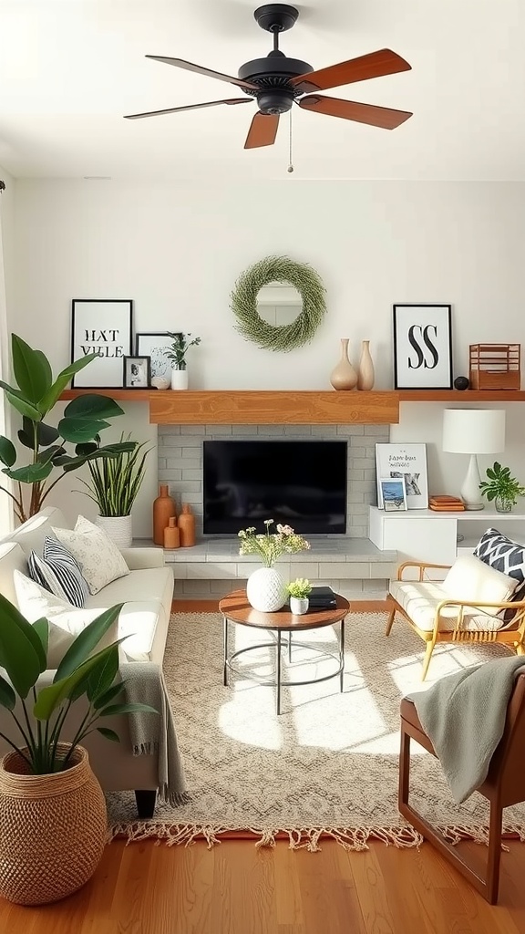 A thoughtfully decorated living room featuring plants, a cozy sofa, and a wooden coffee table.