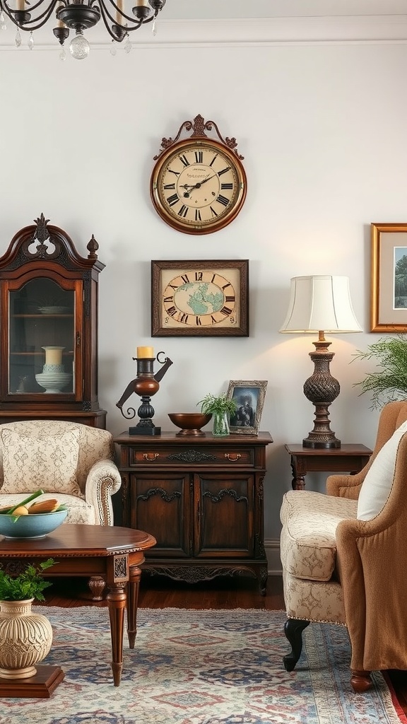 A cozy living room featuring vintage furniture, a large wall clock, elegant lamp, and a rug with intricate patterns.