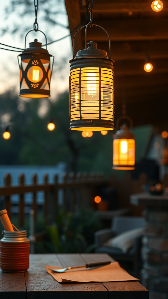 A cozy outdoor space featuring tin can lanterns hanging in the background, adding soft light and a warm atmosphere.