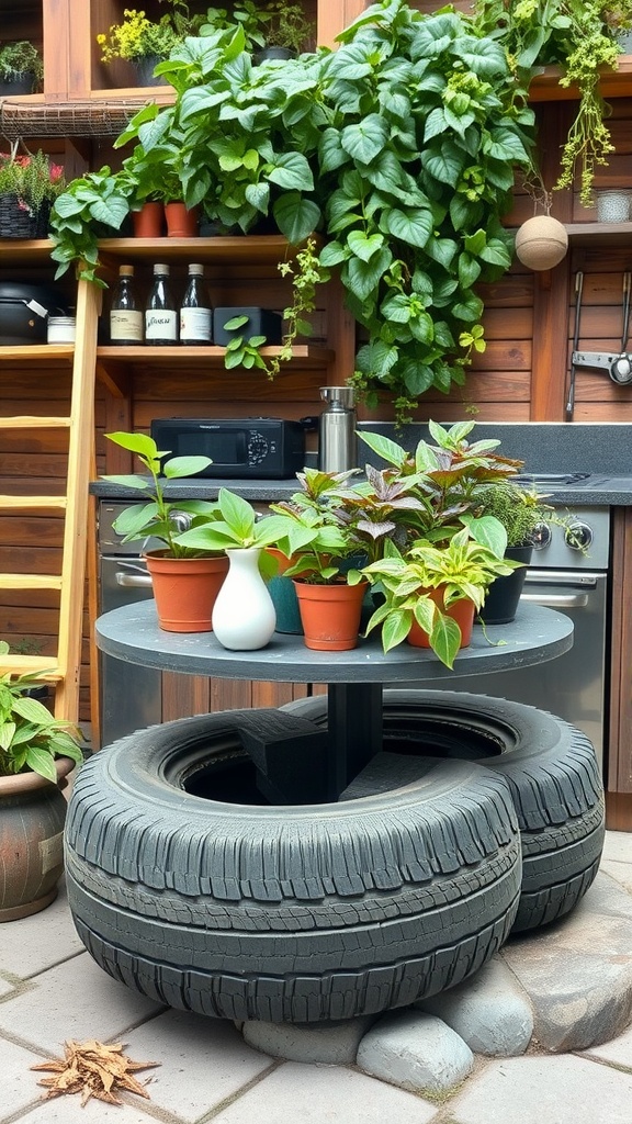 Outdoor kitchen featuring a table made from tires and potted plants on top