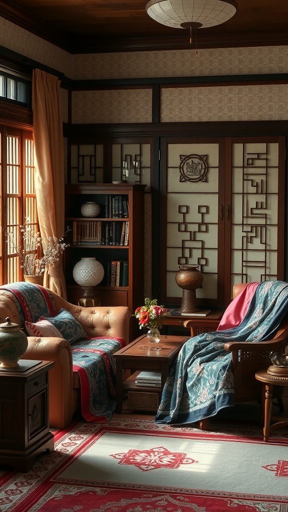 A traditional Korean living room featuring Hanbok textiles draped on chairs and a cozy atmosphere.