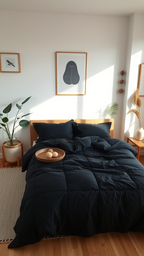 A cozy bedroom featuring a black comforter, wooden bed frame, and natural light with plants and art decor.