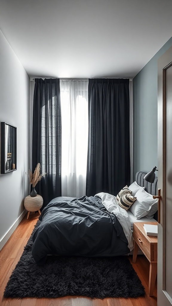 A cozy bedroom featuring black curtains, a dark bedspread, and a plush rug.