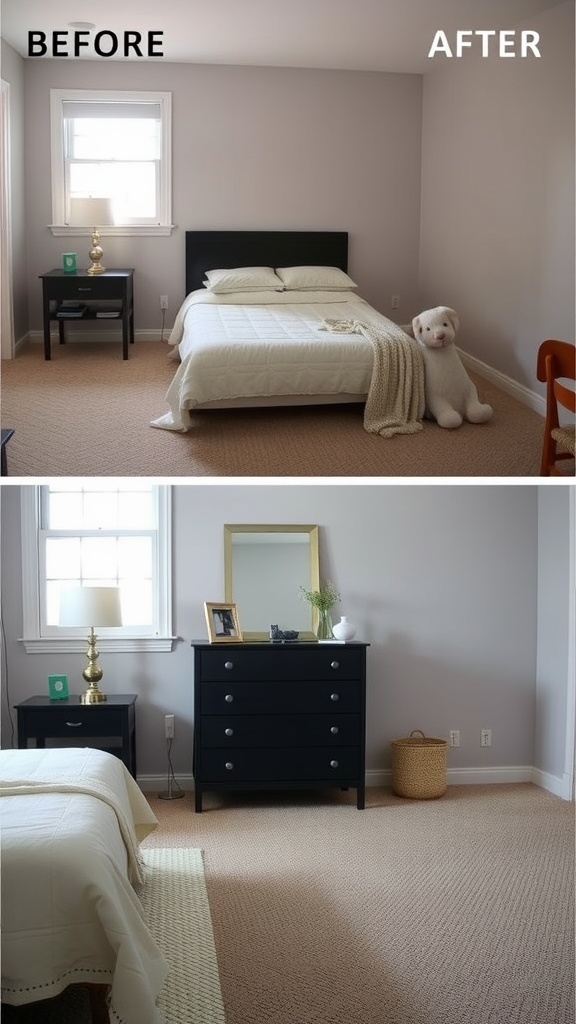 Before and after images of a bedroom transformation featuring a black dresser.