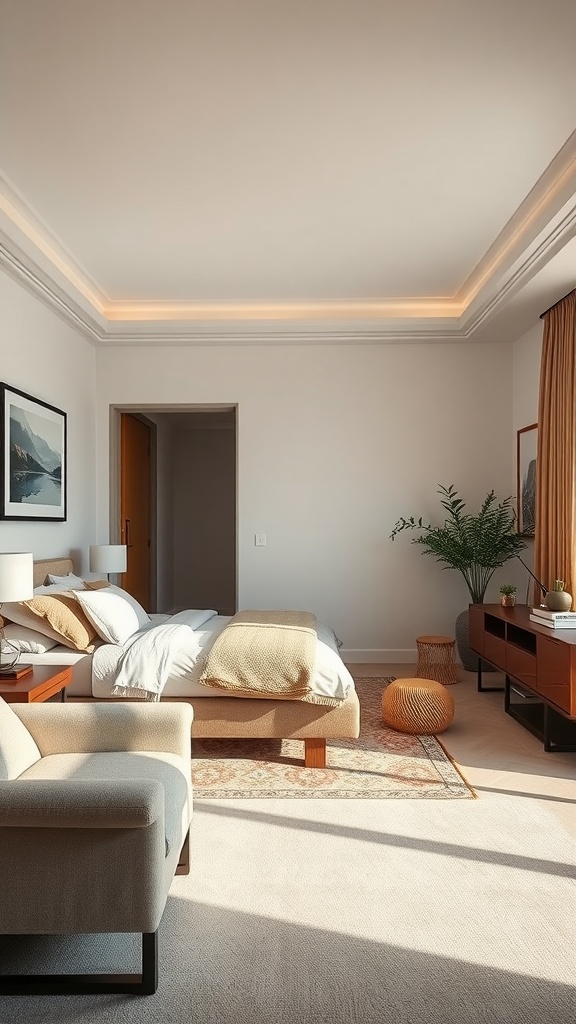 A cozy bedroom with a bed, chair, and warm decor, showcasing furniture arrangement for smooth transitions.