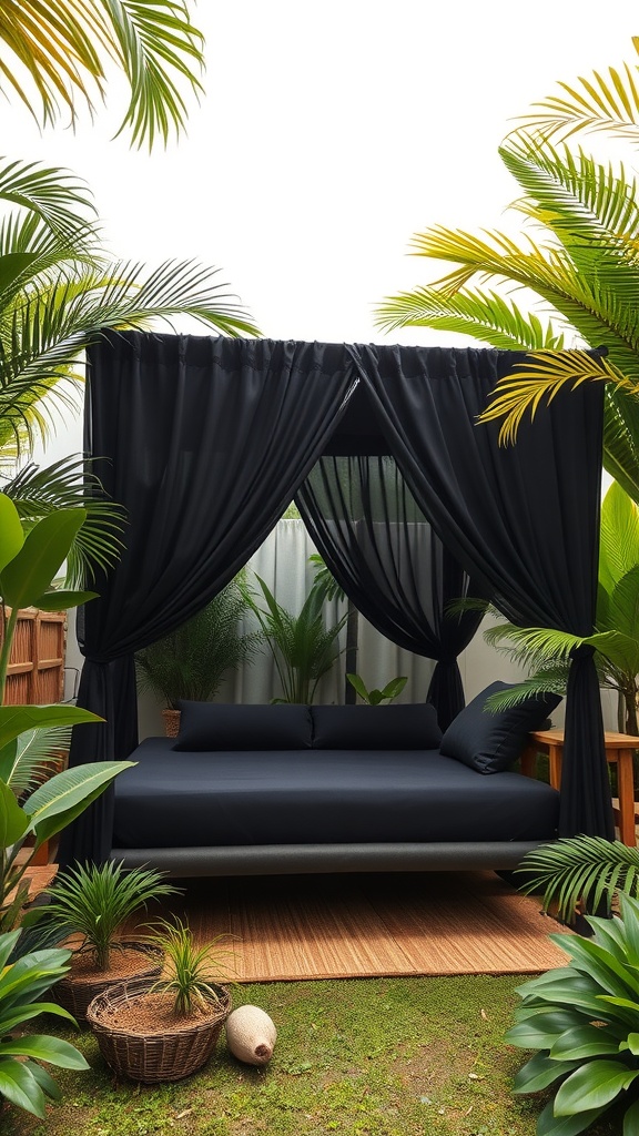 A black canopy bed surrounded by tropical greenery, creating a cozy outdoor retreat.