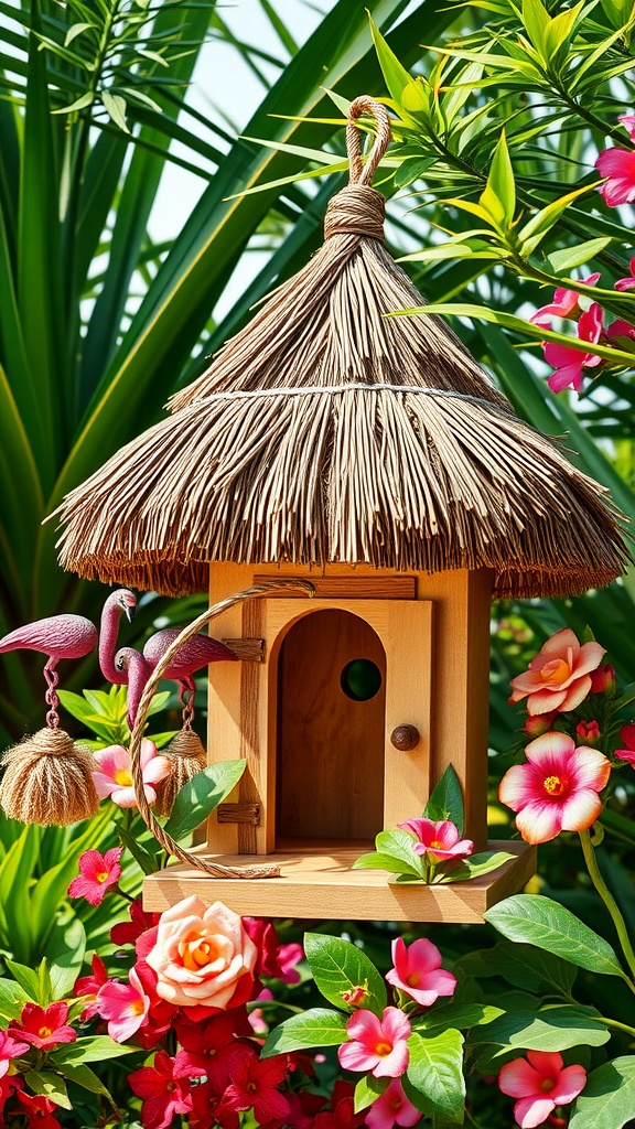 A tropical-themed birdhouse with a thatched roof, surrounded by colorful flowers and greenery.