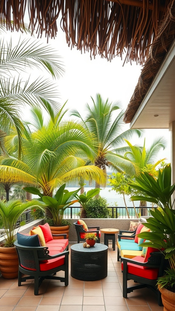 A colorful outdoor patio with tropical plants and comfortable seating.