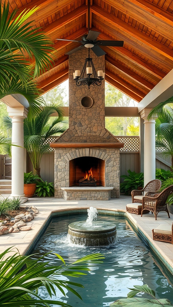 A covered patio featuring a stone fireplace, a water fountain, and tropical plants.