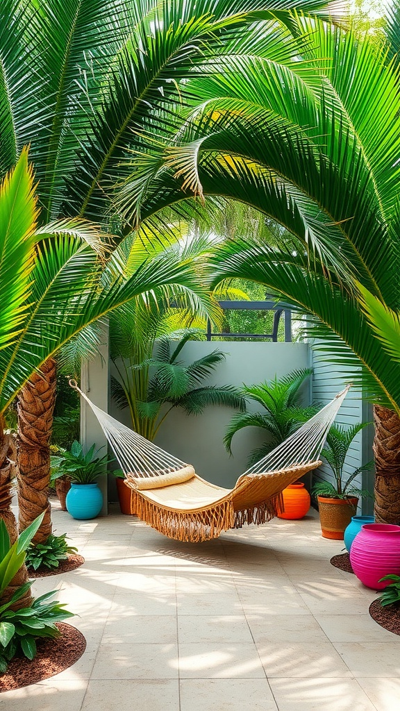 A backyard patio featuring a hammock surrounded by tropical plants and colorful pots.