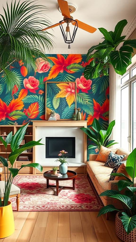A vibrant living room with tropical floral wallpaper, lush plants, and a cozy sofa.