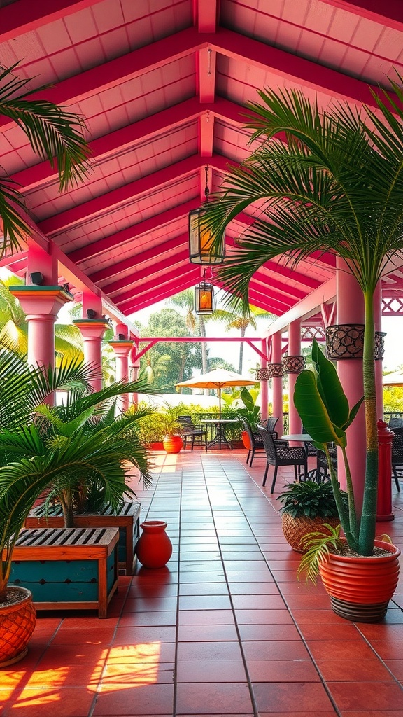 A vibrant covered patio with pink beams, terracotta tiles, and lush plants.