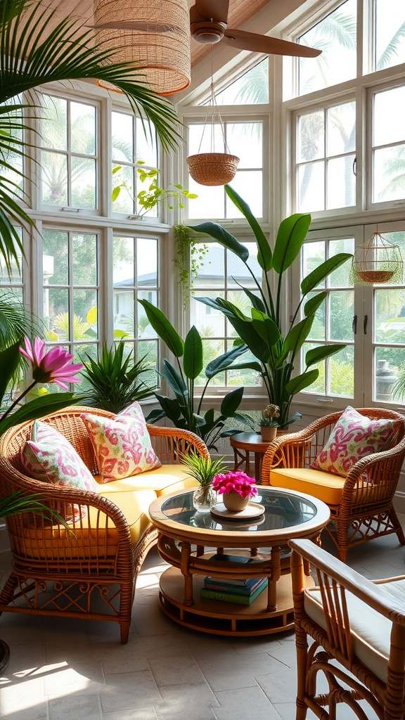 A bright and inviting sunroom with bamboo accents, featuring rattan furniture, colorful cushions, and lush green plants.