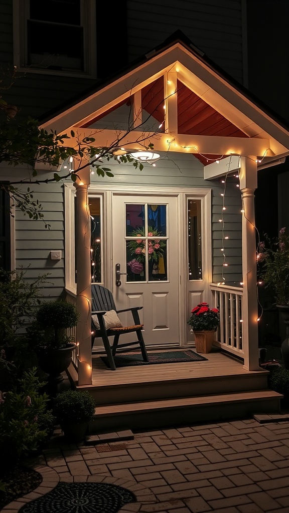 A small porch decorated with twinkling string lights, showcasing a welcoming atmosphere.