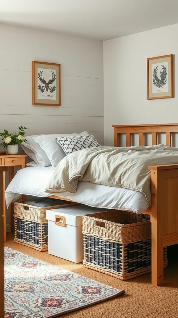 Cozy bedroom with wooden bed frame and under-bed storage baskets.