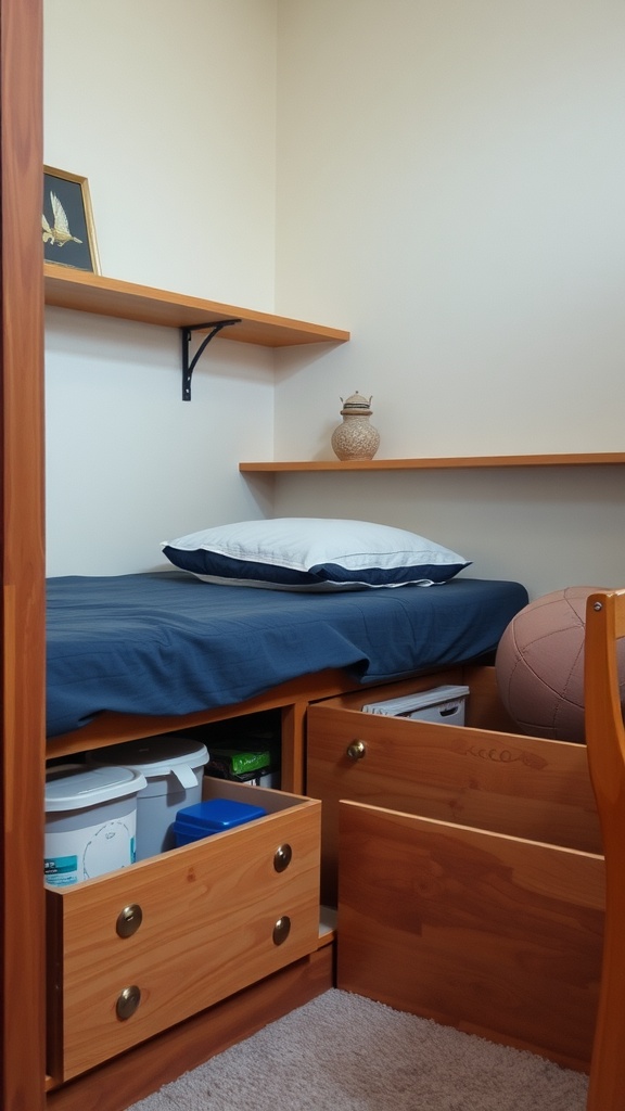 A small bedroom layout featuring under-bed storage drawers and decorative shelves
