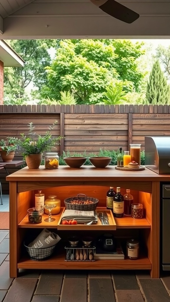 A small outdoor kitchen with a wooden table featuring under-table storage solutions, including baskets and jars.