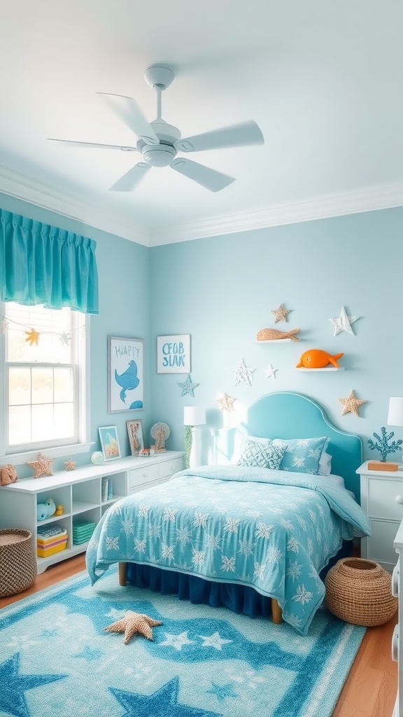 A bright and cheerful under-the-sea themed bedroom with blue walls, ocean-themed bedding, and decorative starfish.