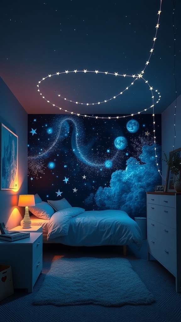 A cozy teen bedroom with a starry mural, fairy lights, and soft furnishings.