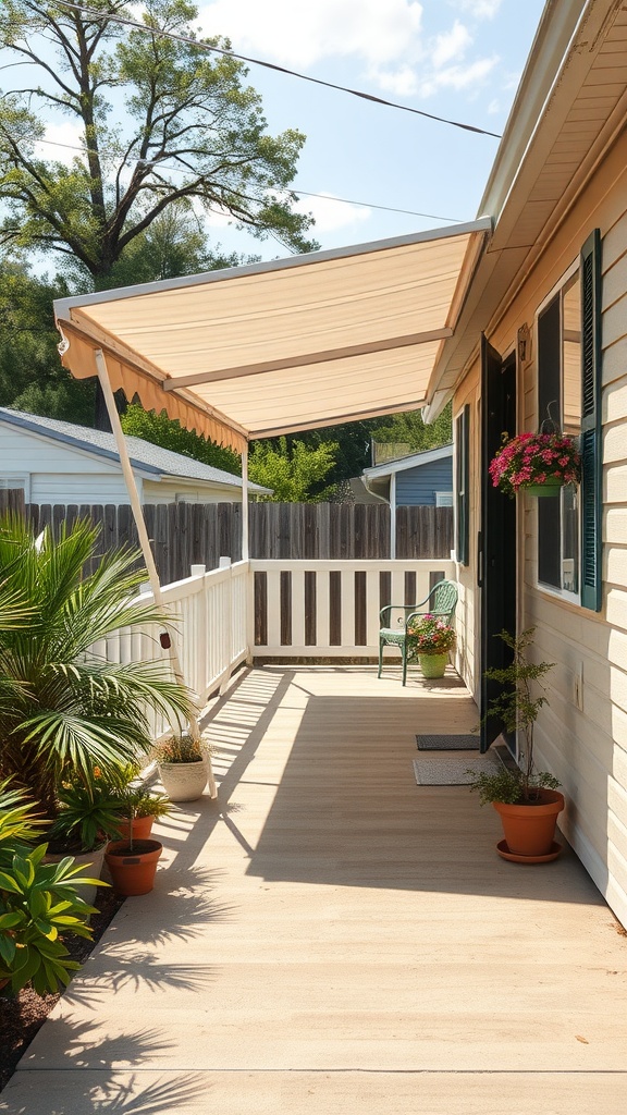 A mobile home back porch featuring an awning, potted plants, and a small seating area.