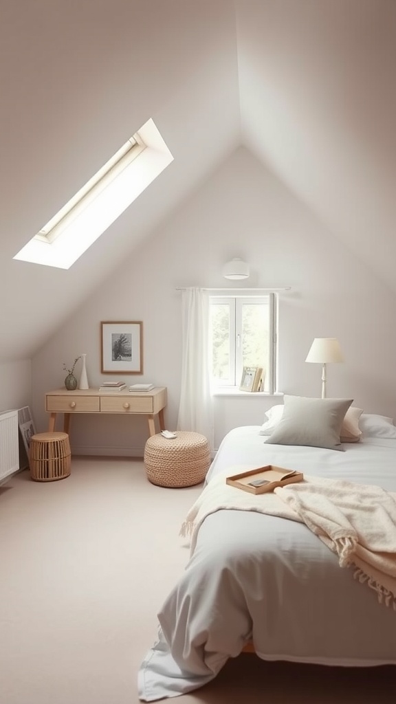A cozy attic bedroom with angled ceilings, featuring neutral tones, a skylight, and minimal decor.