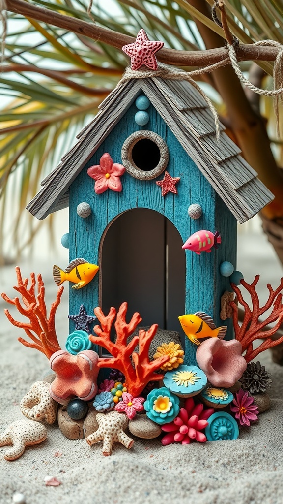 A colorful birdhouse designed like an underwater coral reef with vibrant decorations.