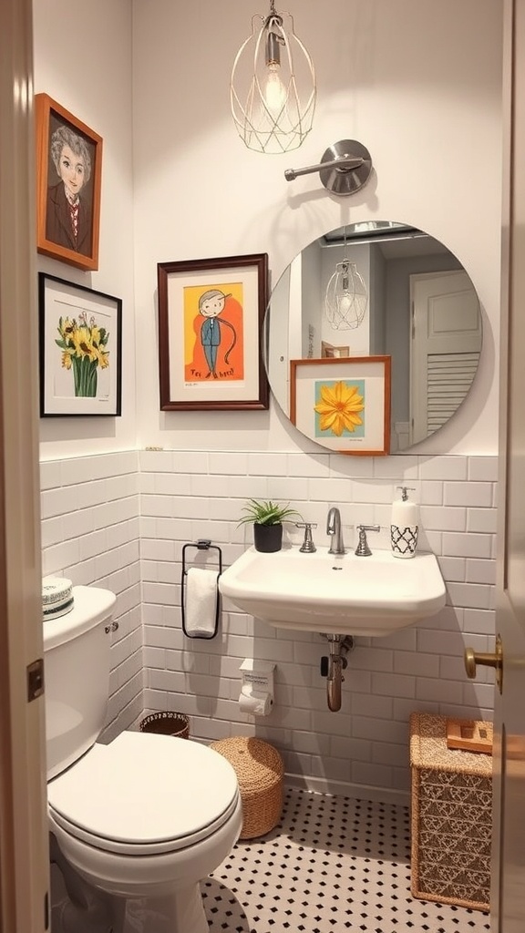 A modern bathroom with unique art pieces on the walls, featuring a round mirror and stylish lighting.