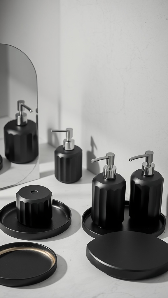 Black bathroom accessories including soap dispensers and trays on a marble surface.