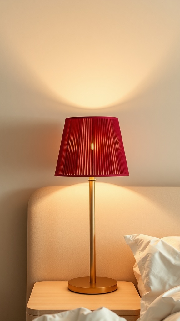 A stylish red pleated lampshade on a bedside table in a beige bedroom, casting warm light.