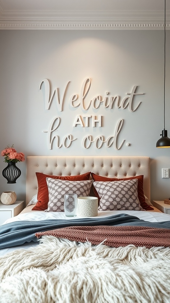 A cozy bedroom featuring a tufted headboard with decorative pillows and a wall with playful lettering.