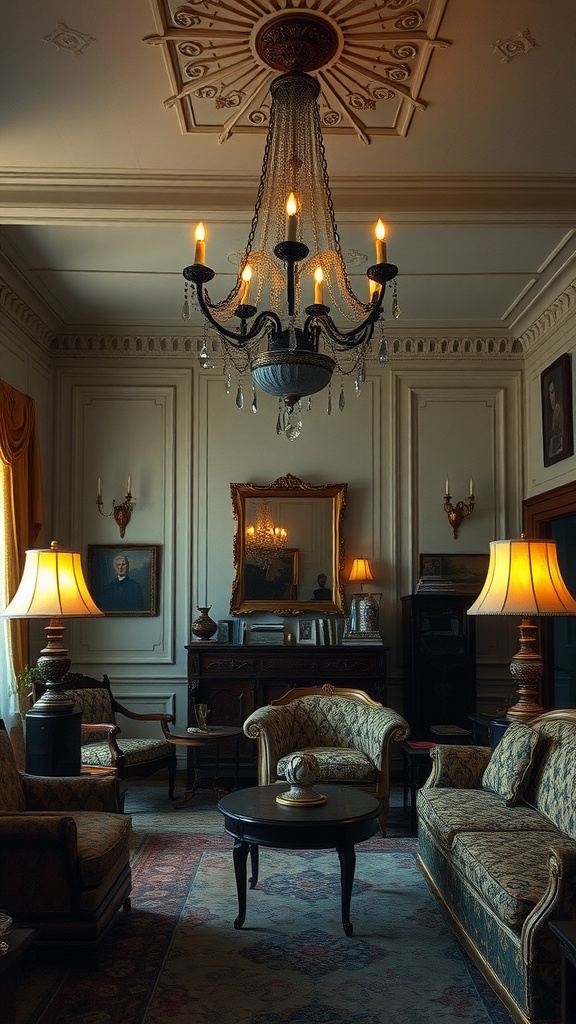 A vintage living room with a large chandelier and stylish lamps.