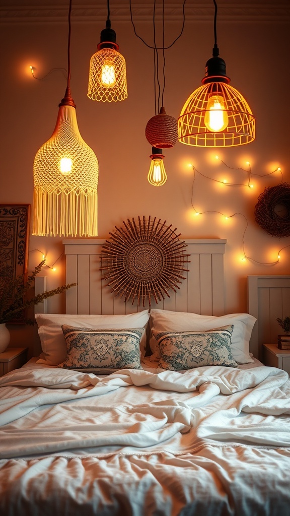 A cozy boho bedroom featuring unique hanging light fixtures, including macramé and industrial styles, with warm lighting and decorative elements.