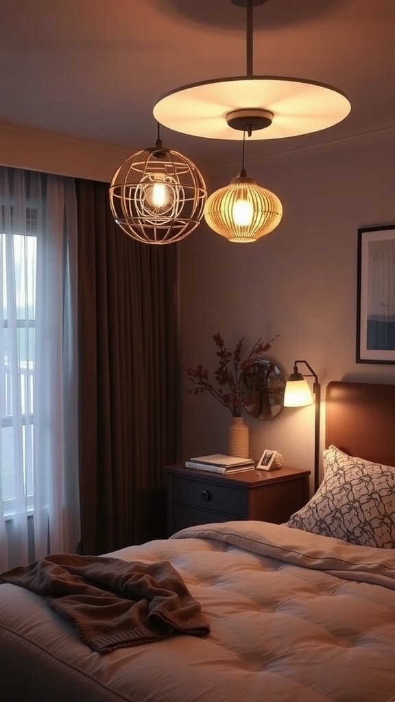 A cozy bedroom with unique lighting fixtures, including a modern pendant light and a wall sconce, creating a warm atmosphere.