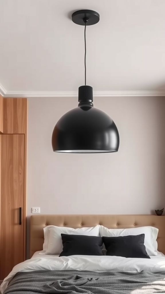 A modern black pendant light hanging above a beige bed with black pillows in a stylish bedroom.
