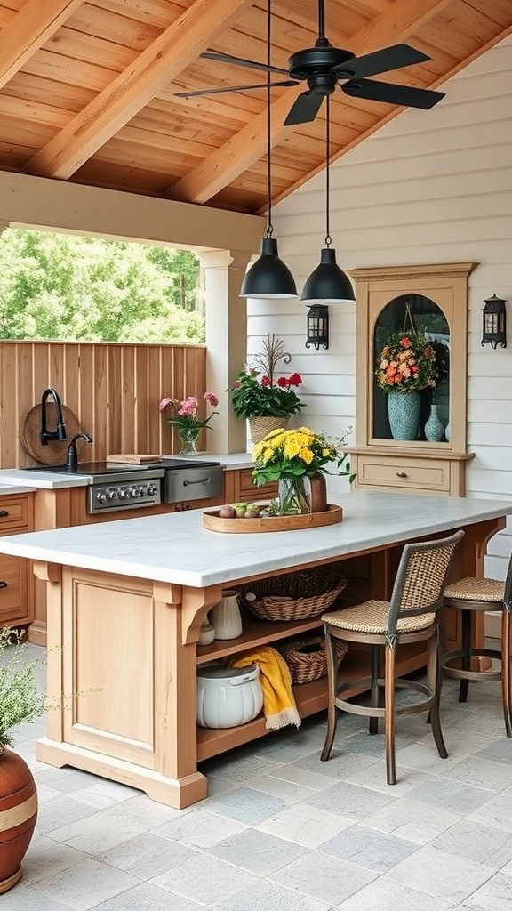 A charming farmhouse outdoor kitchen island with a marble countertop and wooden cabinetry, featuring floral arrangements and bar seating.
