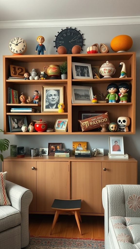 A wooden shelf filled with vintage toys, photographs, and quirky decorations in a cozy living room.