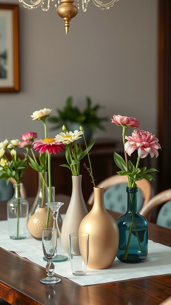 A collection of unique vases filled with fresh flowers on a dining table.