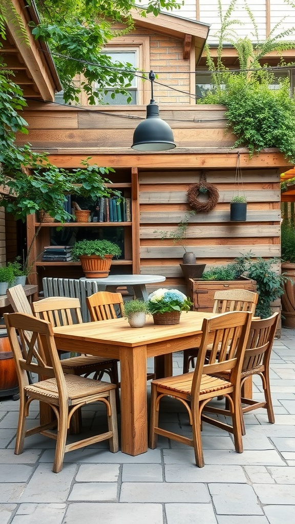 Rustic outdoor dining area with a wooden table and mixed chairs surrounded by greenery.