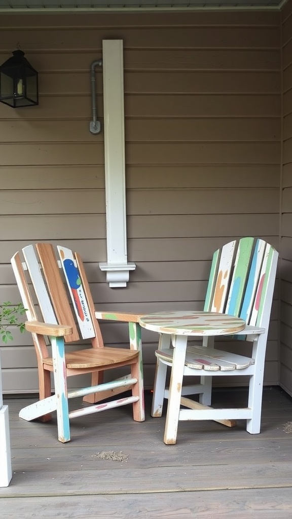 Two colorful upcycled chairs and a table on a small porch.