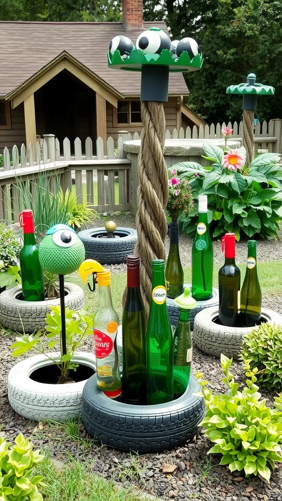 Colorful upcycled garden decor with painted tires and bottles in a backyard