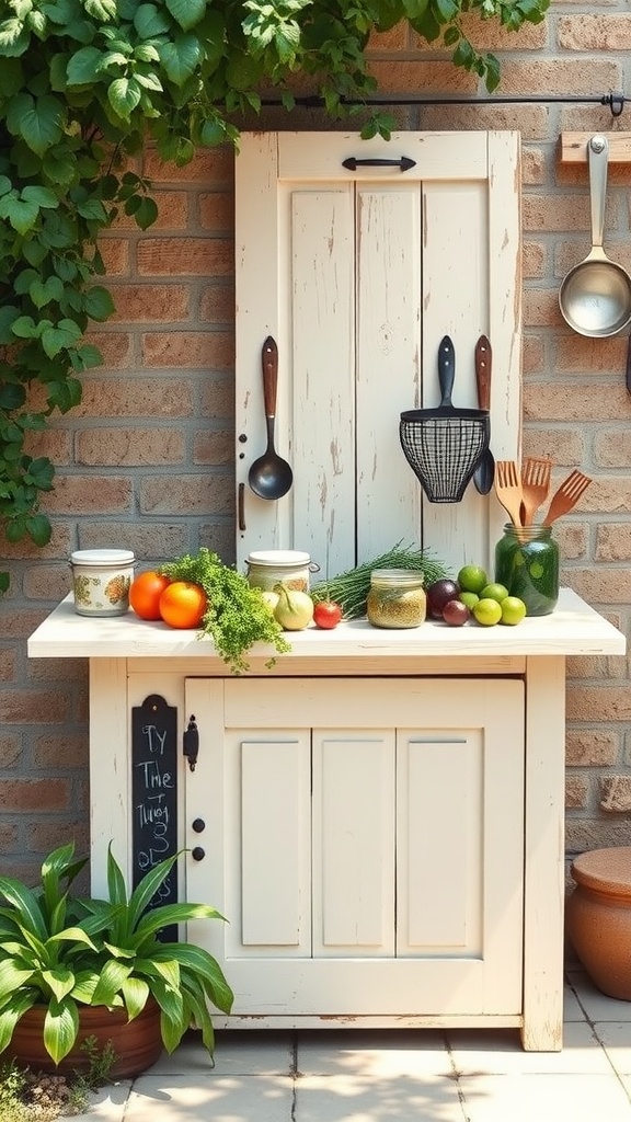 An upcycled old door table in an outdoor kitchen setup with vegetables and herbs, along with hanging kitchen tools.