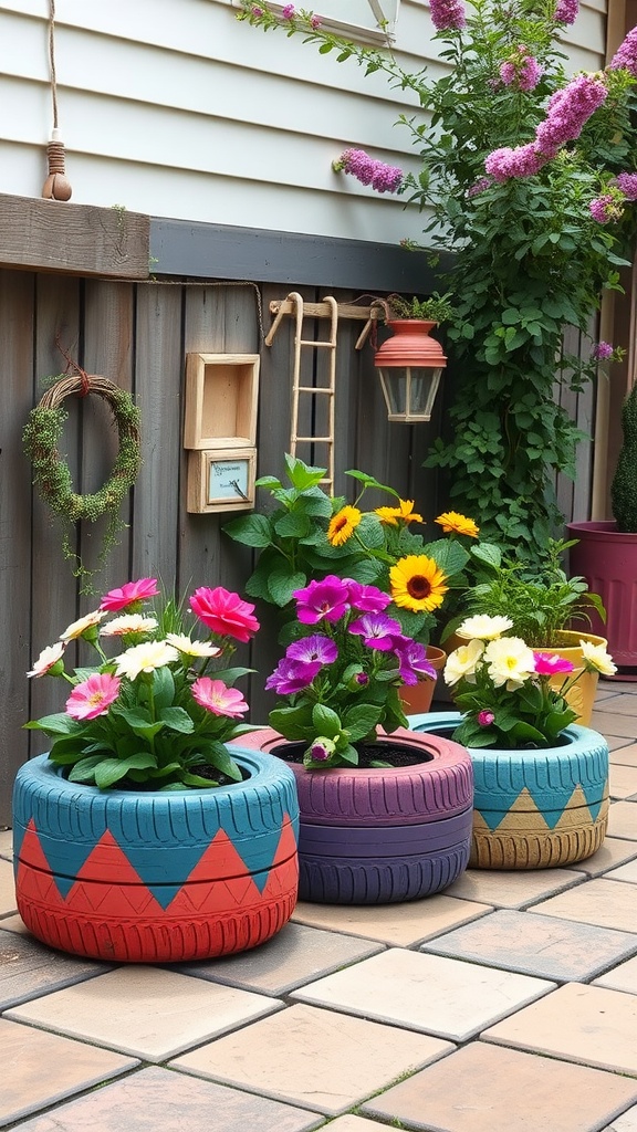Colorful upcycled tire planters with flowers on a patio.