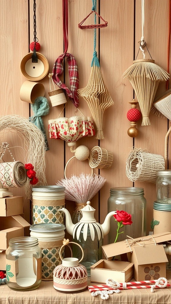 A collection of upcycled materials for crafting, including jars, a teapot, and decorative items.