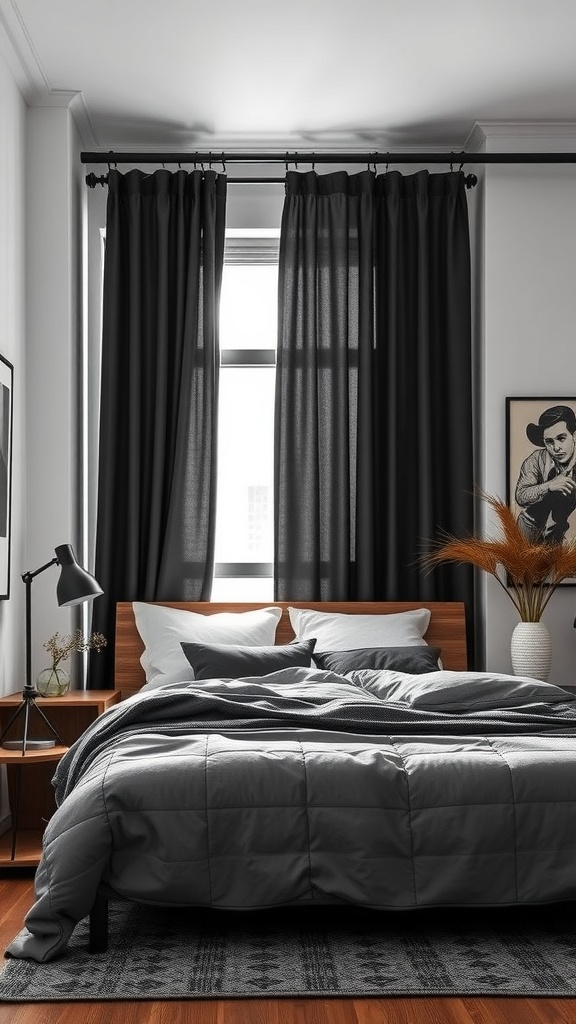 A stylish bedroom featuring black out curtains, gray bedding, and industrial decor elements.