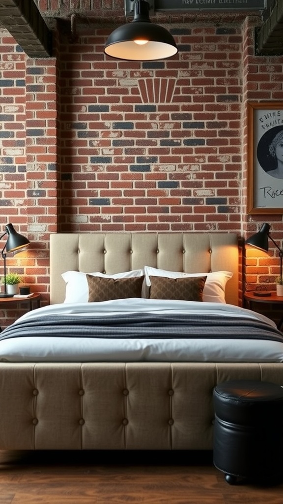 A stylish urban industrial bedroom featuring a beige bedframe, brick walls, and a round wooden table.